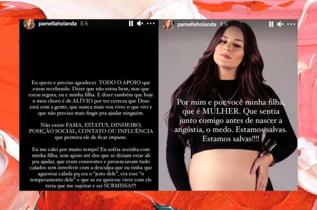 pamellaholanda A colagem mostra dois stories de Pammela Holanda em que denúncia as agressões que sofria pelo músico e ex-marido