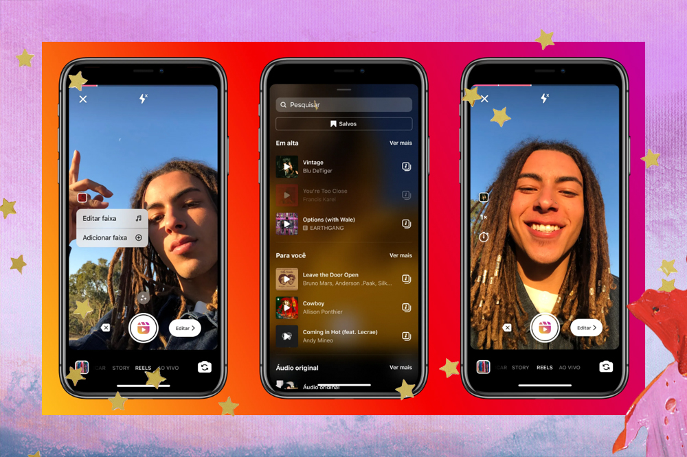 Imagem com três telas que mostram a o Mix, novidade no Reels