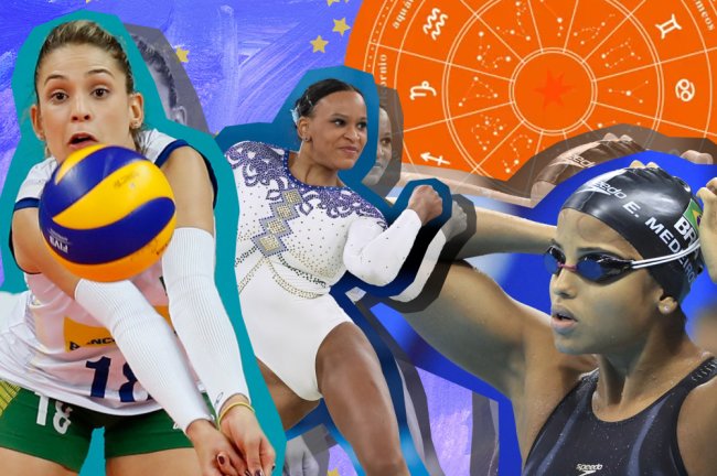 Montagem com as fotos das atletas Camila Brait, do vôlei, Rebeca Andrade, da ginástica, e Etiene Medeiros, da natação