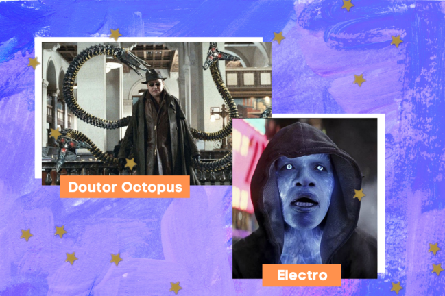Doutor Octopus e Electro Montagem com fundo azul, escrito o nome dos personagens em branco com fundo laranja, e foto do Doutor Octopus e Electro.