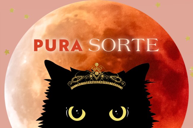 Ilustração de um gato preto usando uma coroa de princesa sobre uma lua cheia avermelhada. Sobre ele, aparece o escrito 