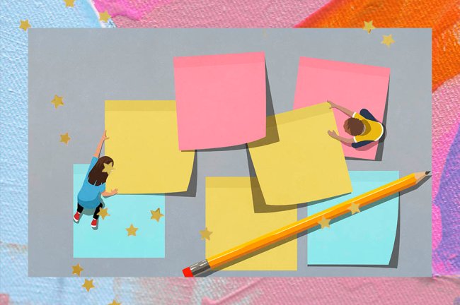 Ilustração de dois alunos organizando post-its gigantes