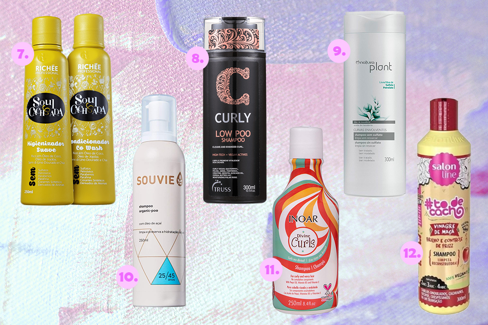 xampu-sem-espuma-low-poo- Montagem com opções de produtos low poo para o cabelo em fundo com tons de rosa e lilás.