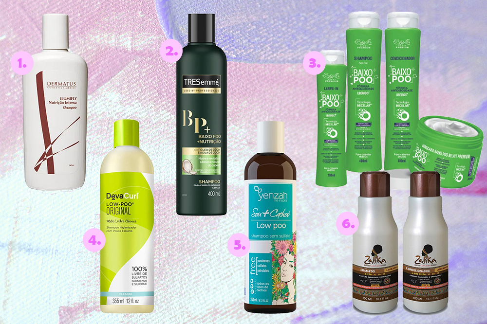 xampu-sem-espuma-low-poo Montagem com opções de produtos low poo para o cabelo em fundo com tons de rosa e lilás.