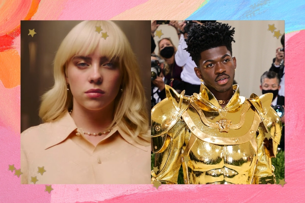 Billie Eilish e Lil Nas X em montagem com suas fotos lado a lado em fundo colorido. Os dois aparecem com expressões sérias.