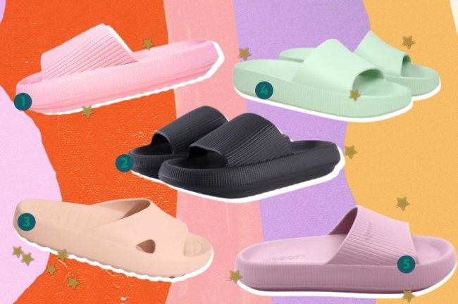 Chinelo Nuvem Montagem com 5 opções de chinelos e atrás um fundo colorido.