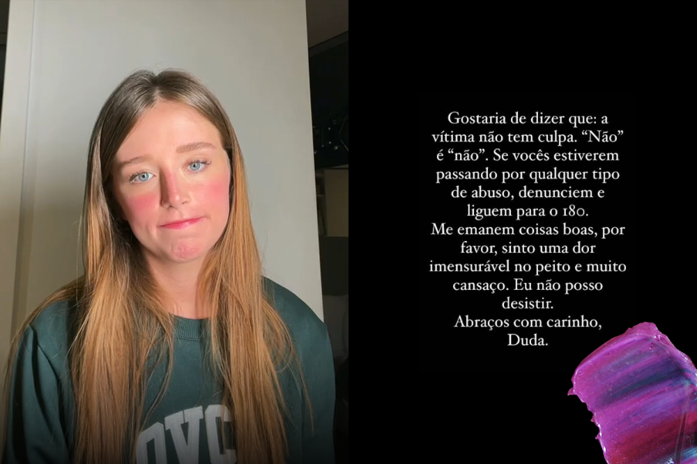 Print de um vídeo postado por Duda Reis e de um desabafo sobre a expulsão de Nego do Borel de A Fazenda