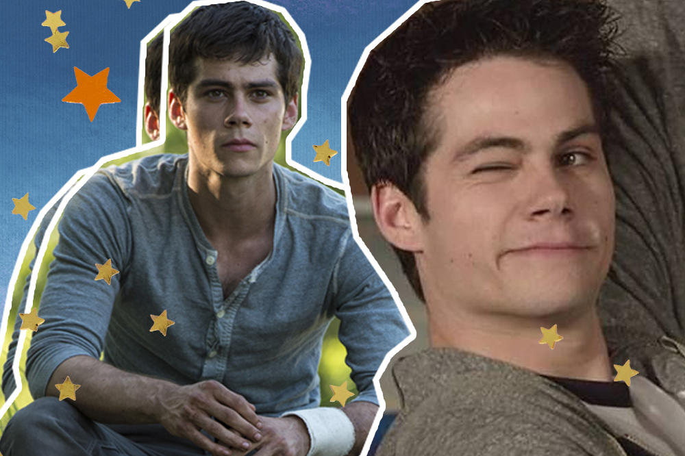 Colagem com duas imagens de Dylan O'Brien; na primeira ele está caracterizado como Thomas de Maze Runner com expressão séria olhando para frente; na segunda ele está caracterizado como Stiles de Teen Wolf olhando para o lado com o braço erguido e dando uma piscadinha com um dos olhos