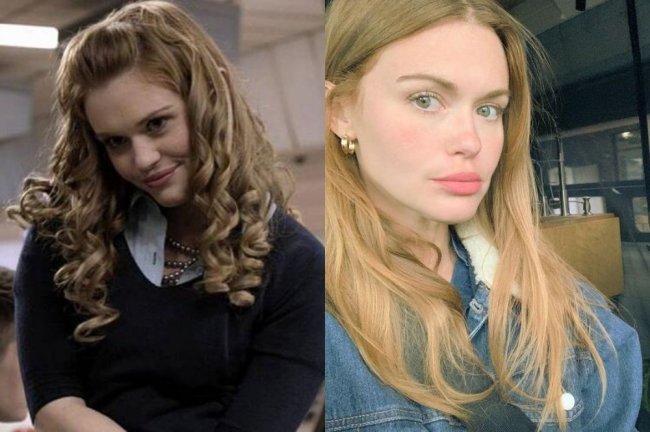 holland-roden Duas fotos de Holland Roden. Em uma, a atriz aparece atuando em Teen Wolf, com cabelos enrolados e suéter. Na outra, a atriz posa dentro do carro para uma selfie.