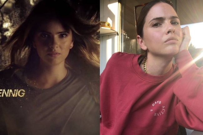 Montagem com duas fotos; na primeira Shelley Hennig de cabelo solto na abertura de Teen Wolf e na segunda uma selfie da atriz de cabelo preso com expressão séria o rosto apoiado na mão