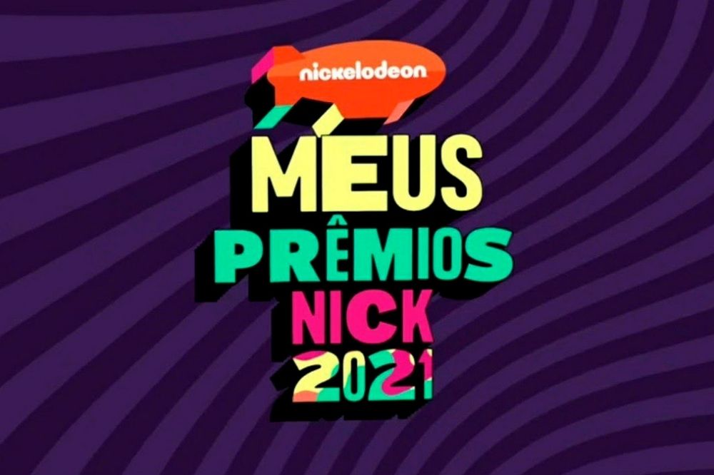 Foto de divulgação dos Meus Prêmios Nick. Com fundo roxo, os escritos estão em amarelo, verde e rosa.