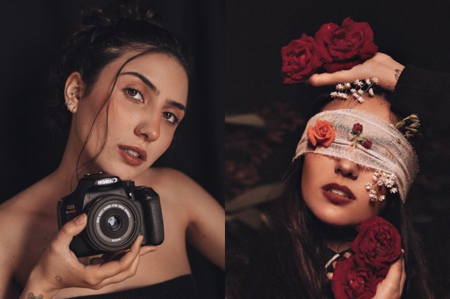 Fotografia: Nicole Assis dá dicas para quem está começando na profissão Fotos da fotógrafa Nicole Assis. À esquerda, ela aparece fazendo carão, segurando uma câmera nas mãos. À direita, um ensaio conceitual mostra Nicole com flores e uma gaze tampando os olhos
