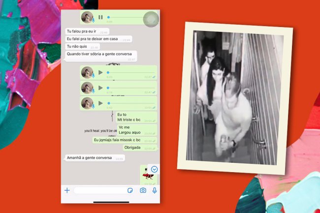 Print de uma conversa no WhatsApp que Mariana Ferrer teve no dia em que o crime de estupro teria ocorrido e de uma das câmeras de segurança do Cafe de la Musique