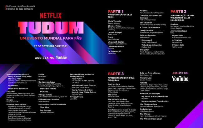 Imagem da programação do TUDUM Netflix com as informações de horário do festival divididas por cada hora sendo três no total; no topo esquerdo o logo do evento se destaca com fundo preto com cores como azul, rosa, roxo e vermelho nas palavras