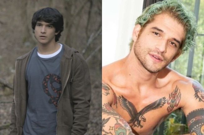 Duas fotos do ator Tyler Posey. Uma, ele está atuando em Teen Wolf, com uma jaqueta verde musgo e cabelo de franja. Na outra, ele está sem camisa, com tatuagens pelo corpo e cabelo tingido de verde