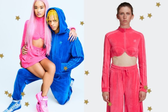 Linha Adidas Fundo branco com estrelinhas e modelos da Adidas com os novos itens. Sendo eles, moletons, casacos, saias e calças.