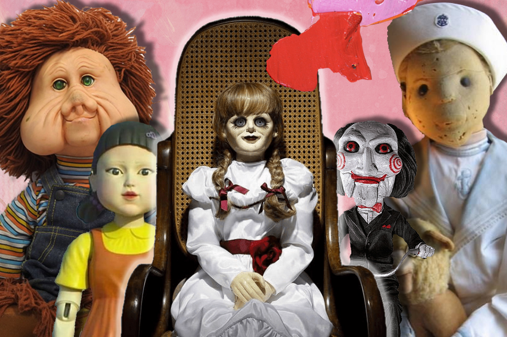 Montagem com vários bonecos assombrados, como o Fofão, a Annabelle, o Billy e o Robert