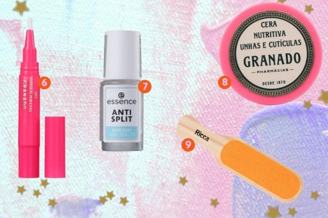 Fundo colorido com produtos para as unhas posicionados com números.