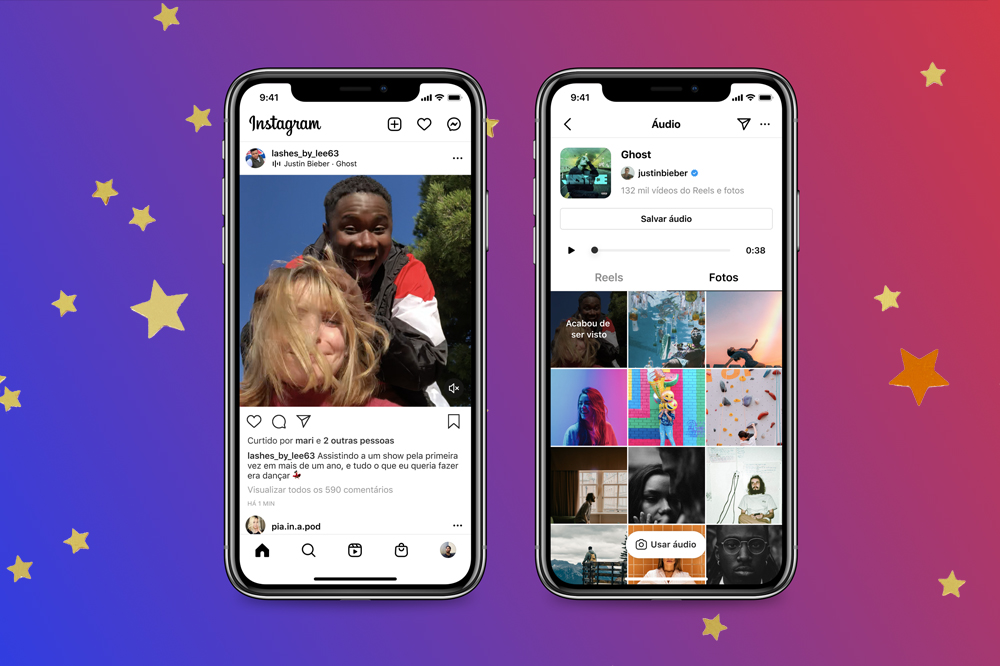 Imagem mostrando como vai funcionar a nova função de música do Instagram. Na foto, duas telas do celular com o feed no aplicativo