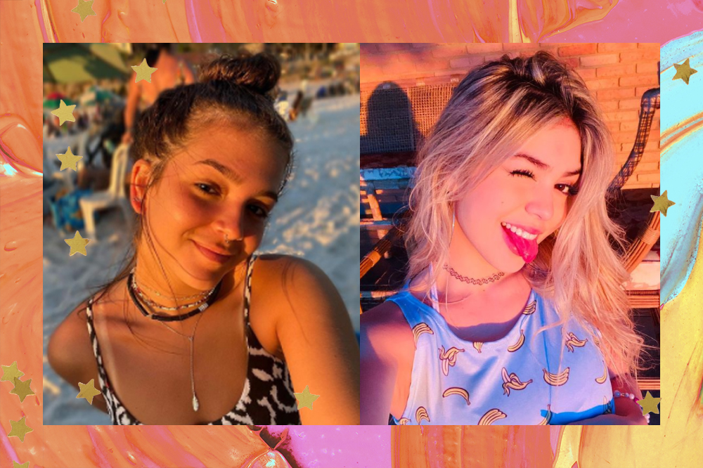 Montagem com duas selfies; na primeira a a atiz Mel Maia na praia com o cabelo preso em um coque e sorrindo levemente enquanto olha para câmera, o sol também está refletindo em parte do seu rosto; na segunda a cantora Melody piscando com um dos olhos e sorrindo com a língua para fora; a margem é uma textura de tintas nos tons de laranja, amarelo, rosa e azul; estrelas amarelas decoram a imagem