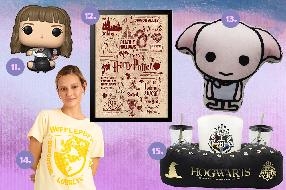 produtos-harry-potter-20-anos-03 Cinco produtos com temática da saga Harry Potter em fundo degradê azul e roxo. Funko da Hermione, pôster, almofada Dobby, camiseta e porta pipoca.