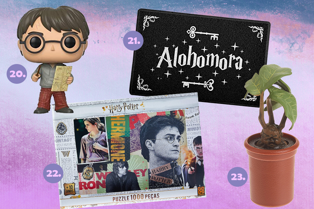 Quatro produtos com temática da saga Harry Potter em fundo degradê azul e roxo. Funko, capacho, quebra-cabeça e Mandrágora.