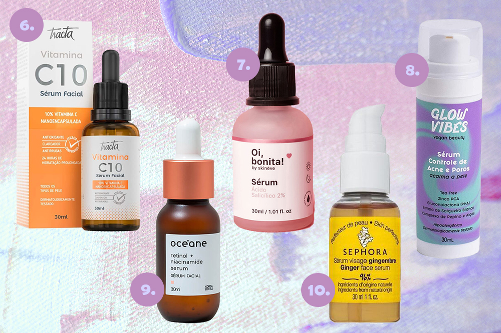 serum-facial-skincare-02 Montagem com cinco séruns faciais em fundo lilás e roxo