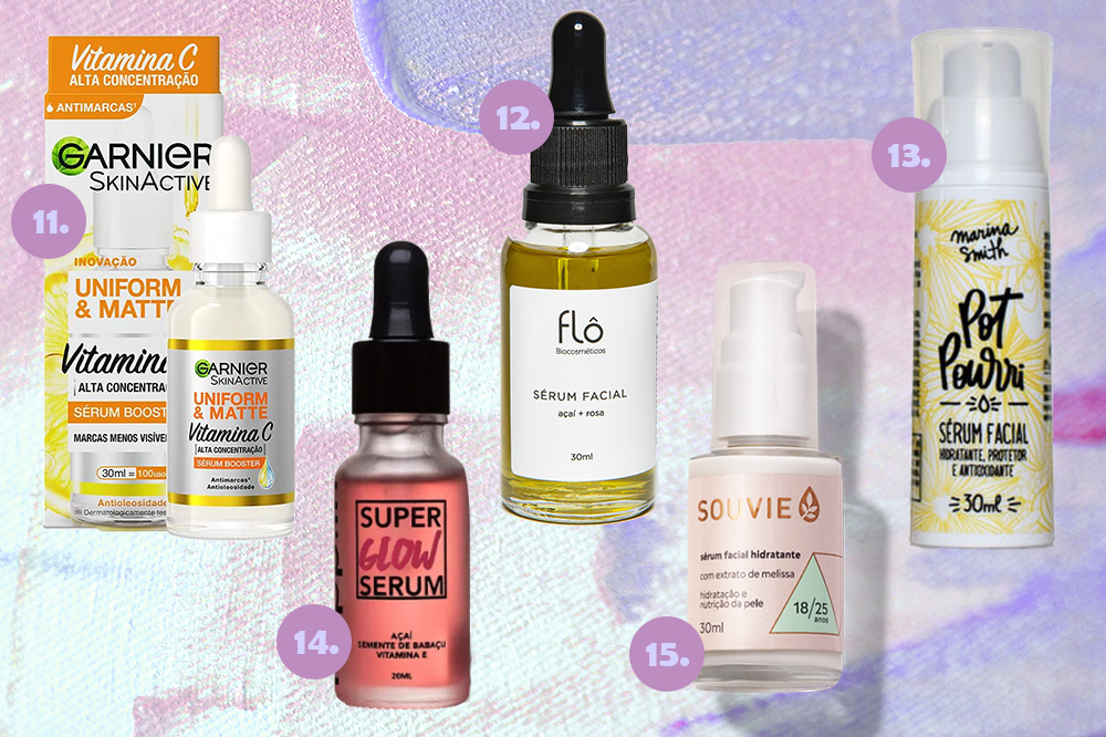 serum-facial-skincare-03 Montagem com cinco séruns faciais em fundo lilás e roxo