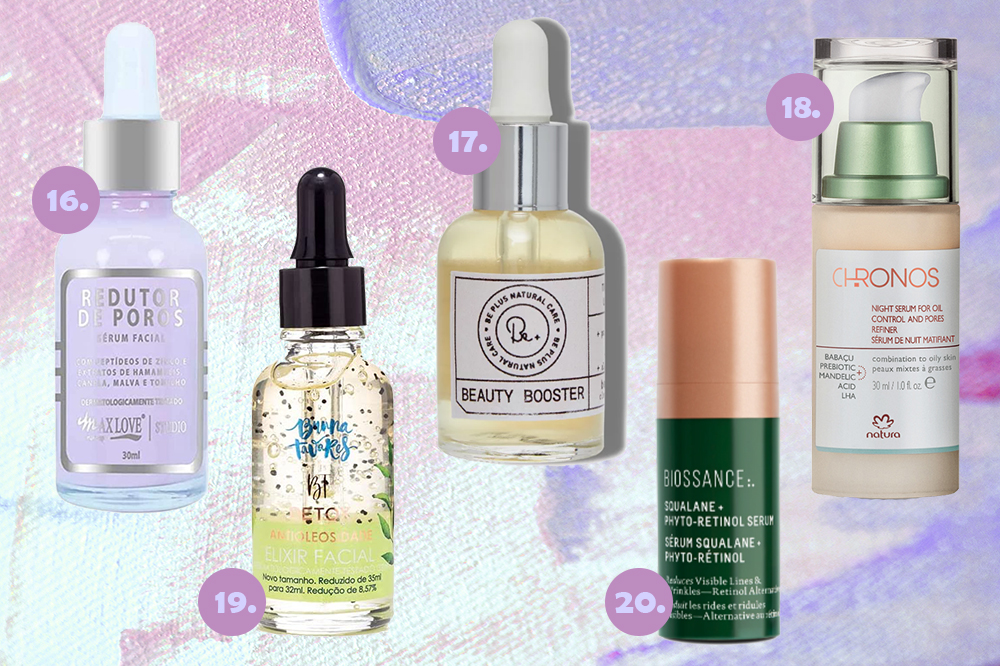 serum-facial-skincare-04 Montagem com cinco séruns faciais em fundo lilás e roxo