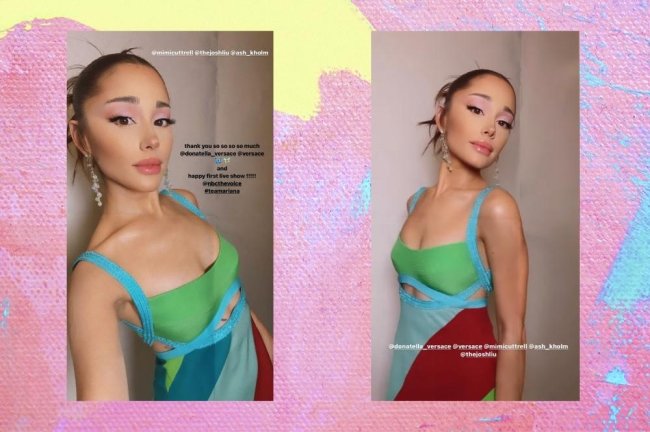 Montagem com o fundo rosa e amarelo com duas fotos dos stories da Ariana Grande. Ela usa um vestido inspirado no filme De Repente 30 com coque espetado e maquiagem. Em ambas as fotos ela olha para a câmera e não sorri.