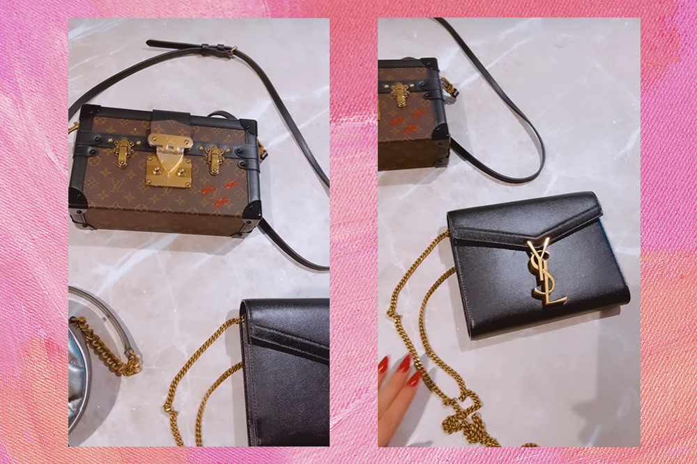 bolsas-de-grife-juliette- Montagem em fundo rosa com duas fotos postadas por Juliette nos Stories de suas três bolsas de grife