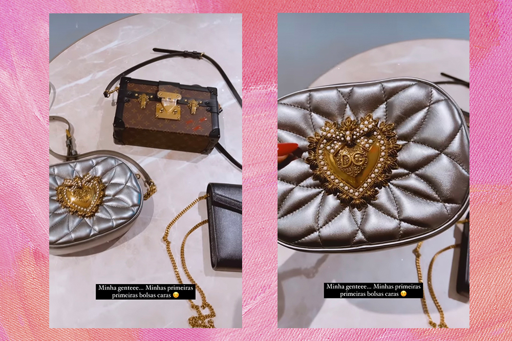 bolsas-de-grife-juliette Montagem em fundo rosa com duas fotos postadas por Juliette nos Stories de suas três bolsas de grife