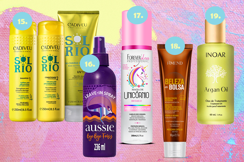 produtos-beleza-verao-cabelo-01- Montagem em fundo rosa, amarelo e azul com cinco produtos de beleza para o verão. Kit de xampu, condicionador e máscara, leave-in capilar, máscara capilar e óleo capilar.