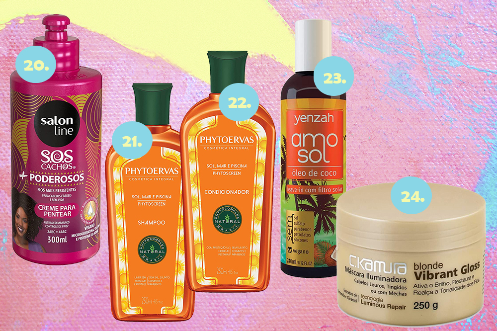 produtos-beleza-verao-cabelo-02- Montagem em fundo rosa, amarelo e azul com cinco produtos de beleza para o verão. Creme para cachos, xampu e condicionador, leave-in e máscara capilar.