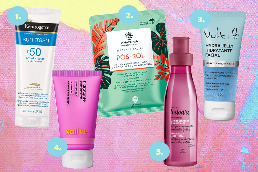 produtos-beleza-verao-pele-01 Montagem em fundo rosa, amarelo e azul com cinco produtos de beleza para o verão. Protetor solar, hidratante corporal, máscara facial, body splash e hidratante facial.