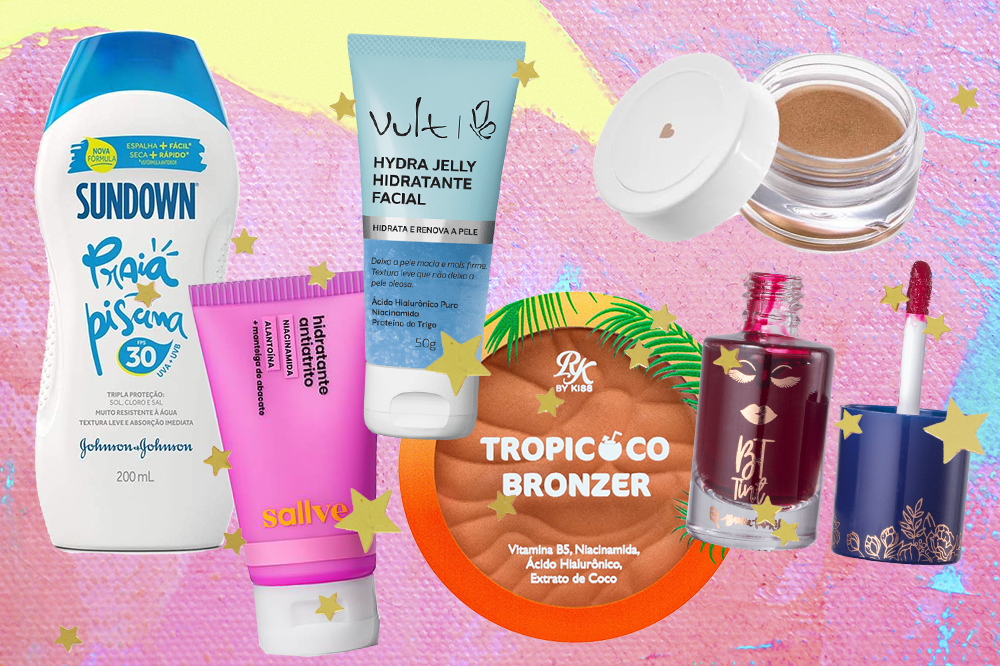 Montagem em fundo rosa, amarelo e azul com seis produtos de beleza para o verão. Protetor solar, hidratante corporal, hidratante facial, iluminador, bronzer facial e lip tint.