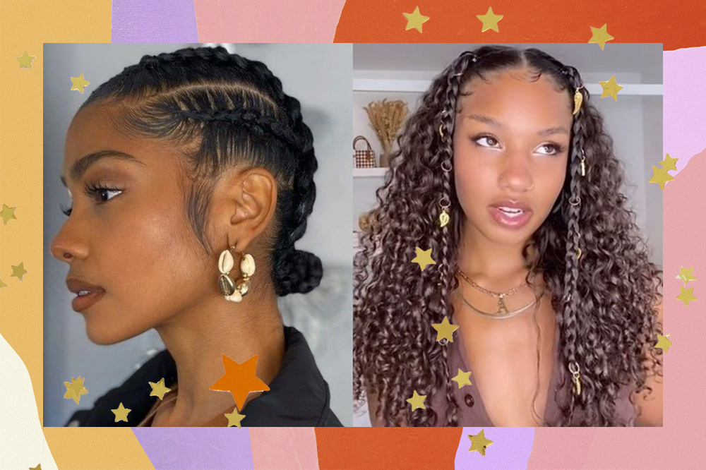 Montagem mostra, de um lado, mulher negra de lado com blazer preto e cabelo trançado estilo cornrows preso em um coque. Olha de perfil para o lado direito com expressão serena. De outro, uma mulher negra de frente com duas mechas finas trançadas na frente do cabelo e o restante solto com cachos naturais. Ela olha em direção ao lado esquerdo com expressão divertida.