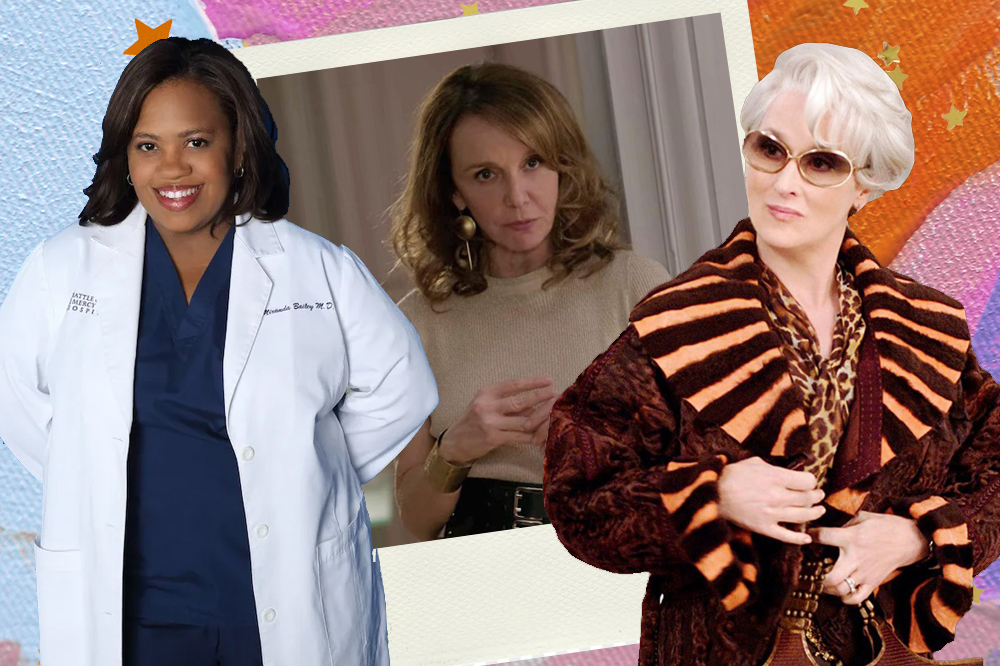 Montagem com as fotos de Miranda Bailey, de Grey's Anatomy, Sylvie, de Emily em Paris, e Miranda Priestly, de O Diabo Veste Prada