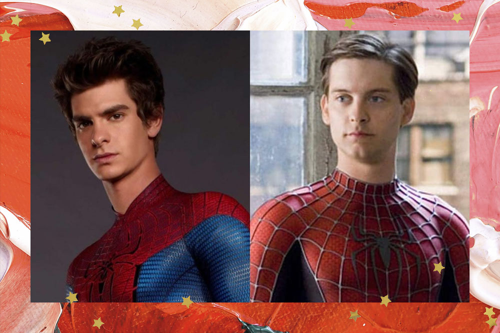 Andrew e Tobey com seus trajes de Homem-Aranha.