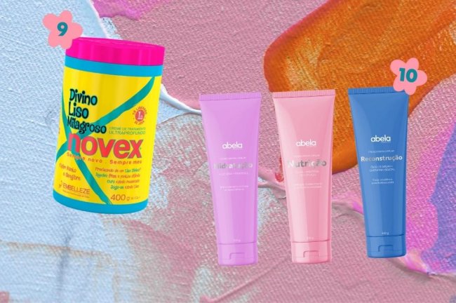 mascaras-de-tratamento-para-cabelos-lisos Montagem com o fundo colorido e 4 opções de produtos para tratamento de cabelos lisos.