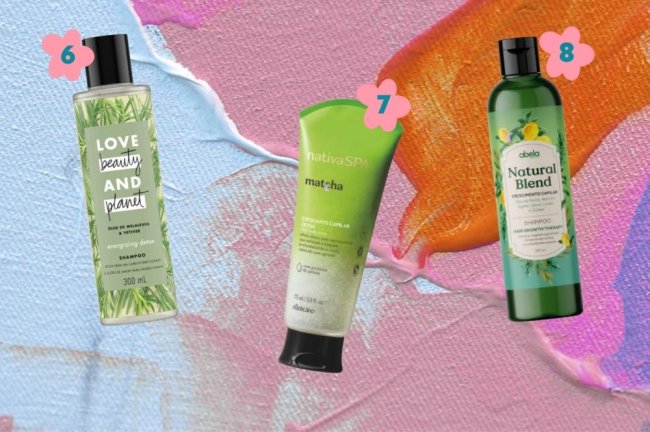 opcoes-de-shampoo-detox-para-cabelo-liso Montagem com o fundo colorido com a imagem de 3 opções de shampoos detox indicados para cabelos lisos.