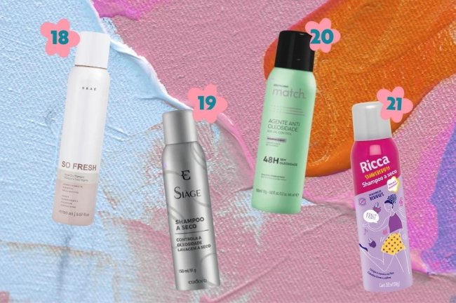 shampoo-a-seco-para-cabelos-lisos Montagem com o fundo colorido e recortes de 4 embalagens de shampoos a seco para cabelos lisos.