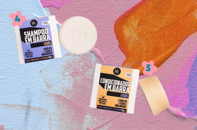 shampoo-e-condicionador-em-barra-para-cabelo-liso Montagem com o fundo colorido com a foto de uma opção de shampoo e condicionador em barra para cabelo liso da Lola Cosmetics.