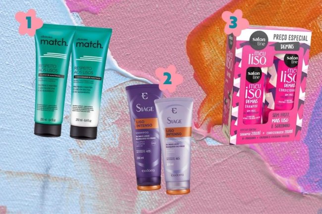 shampoo-e-condicionador-para-cabelo-liso Montagem com o fundo colorido e 3 três opções de kits de shampoos e condicionadores para cabelos lisos.