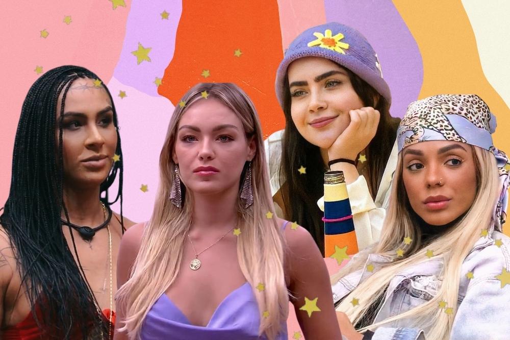 Montagem com o fundo colorido e detalhe de estrelas douradas com a foto de quatro participantes do Big Brother Brasil 22. A primeira da esquerda para a direita é a Linn da Quebrada, a segunda é a Bárbara Heck, a terceira é a Jade Picon e a quarta é a Brunna Gonçalves. Todas as fotos são de cenas do reality show.