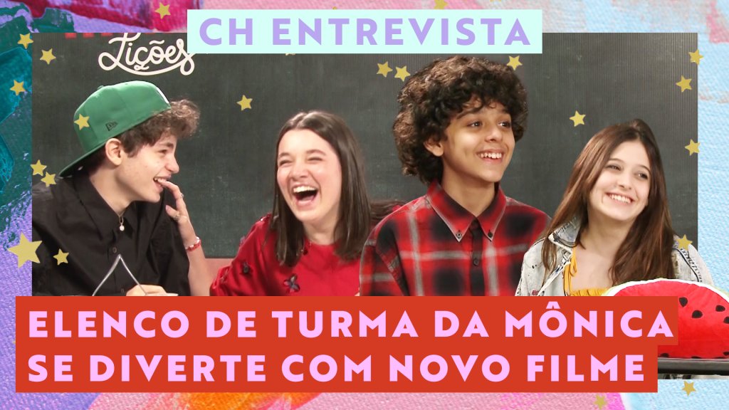 Capa do vídeo da entrevista. Nela, estão Gabriel, Laura, Kevin e Giulia rindo.