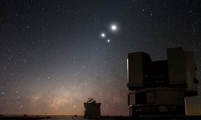 Novo planeta é descoberto Imagem de um território amplo, ambiente escuro e com fundo de um céu estrelado. Em tons escuros, aparecem o contorno de satélites.