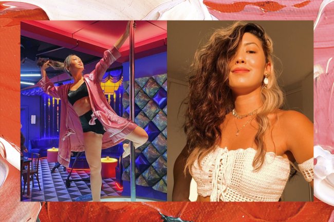 Fotos da atriz Ana Hikari. À esquerda, ela posa junto a um pole dance. À direita, aparece em uma selfie com o cabelo solto