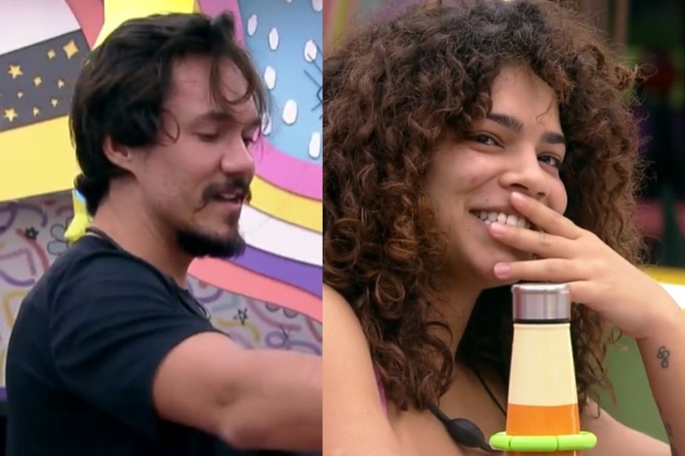 Duas imagens de Eliezer e Maria, do BBB22; na primeira ele está apontando sorrindo levemente; na segunda Maria está escondendo o riso com a mão