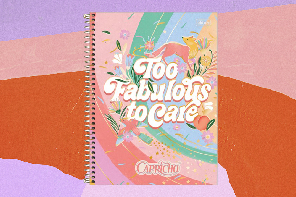 material-escolar-capricho-signo-aries Caderno Too Fabulous to Care CAPRICHO para Tilibra em fundo lilás, rosa e laranja